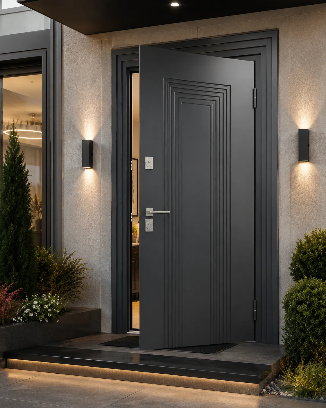 Hedef Door HD-BG001 alacakaranlıkta modern ev girişi bina giriş kapısı ön görünüm