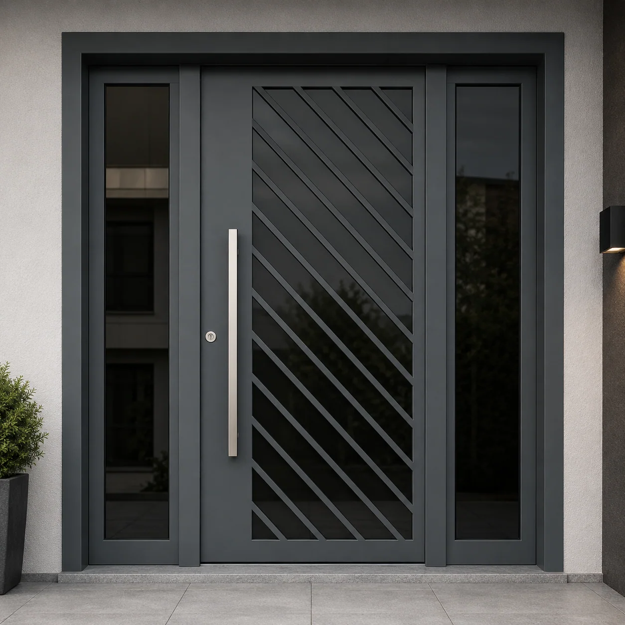 Hedef Door HD-BG007 linea antrasit modern camlı bina giriş kapısı ön görünüm