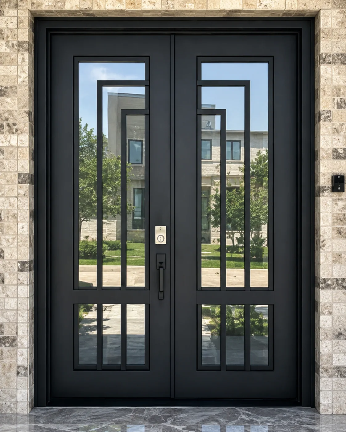 Hedef Door HD-BG008 mira siyah camlı modern çift kanat bina giriş kapısı ön görünüm