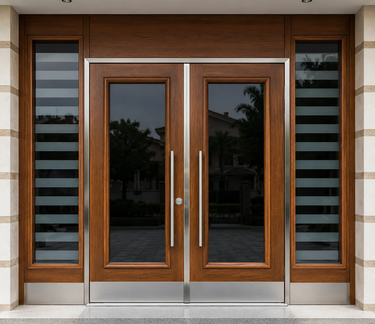 Hedef Door HD-BG009 modern ahşap camlı çift kanat bina giriş kapısı ön görünüm