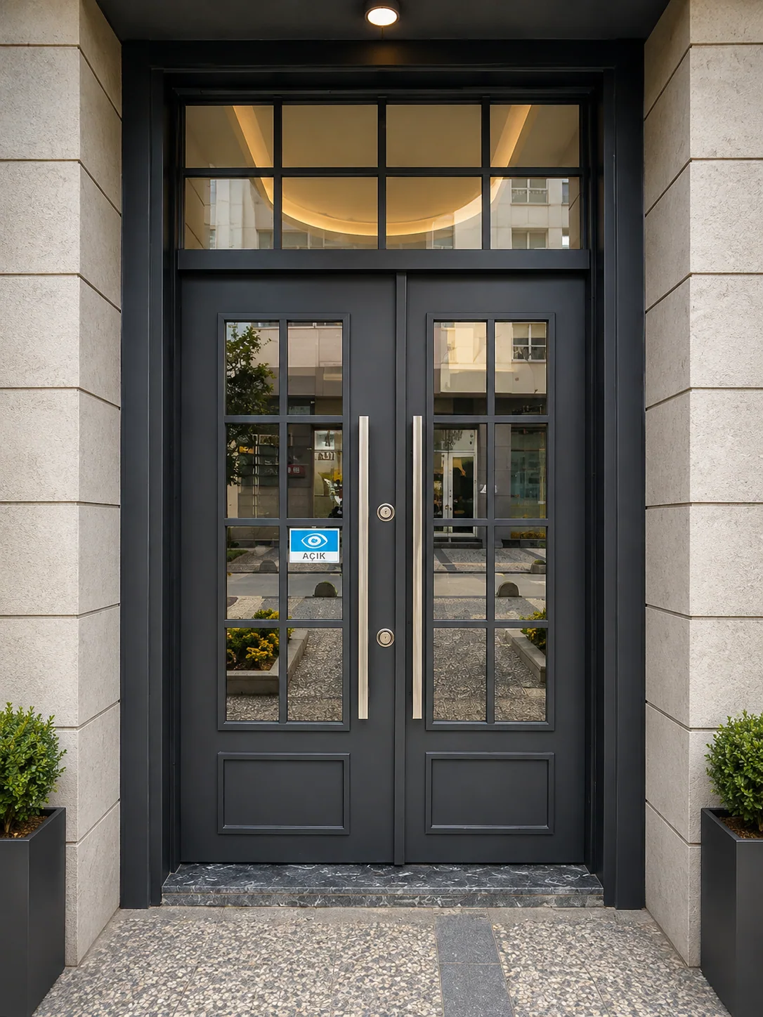 Hedef Door HD-BG010 vera antrasit camlı modern çift kanat bina giriş kapısı ön görünüm