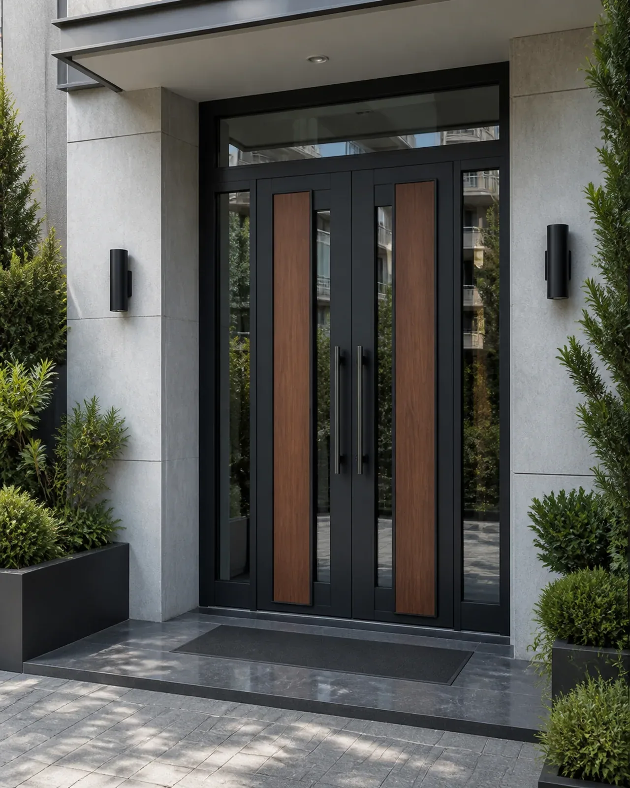 Hedef Door HD-BG014 antrasit ahşap şeritli camlı bina giriş kapısı uygulama görünümü