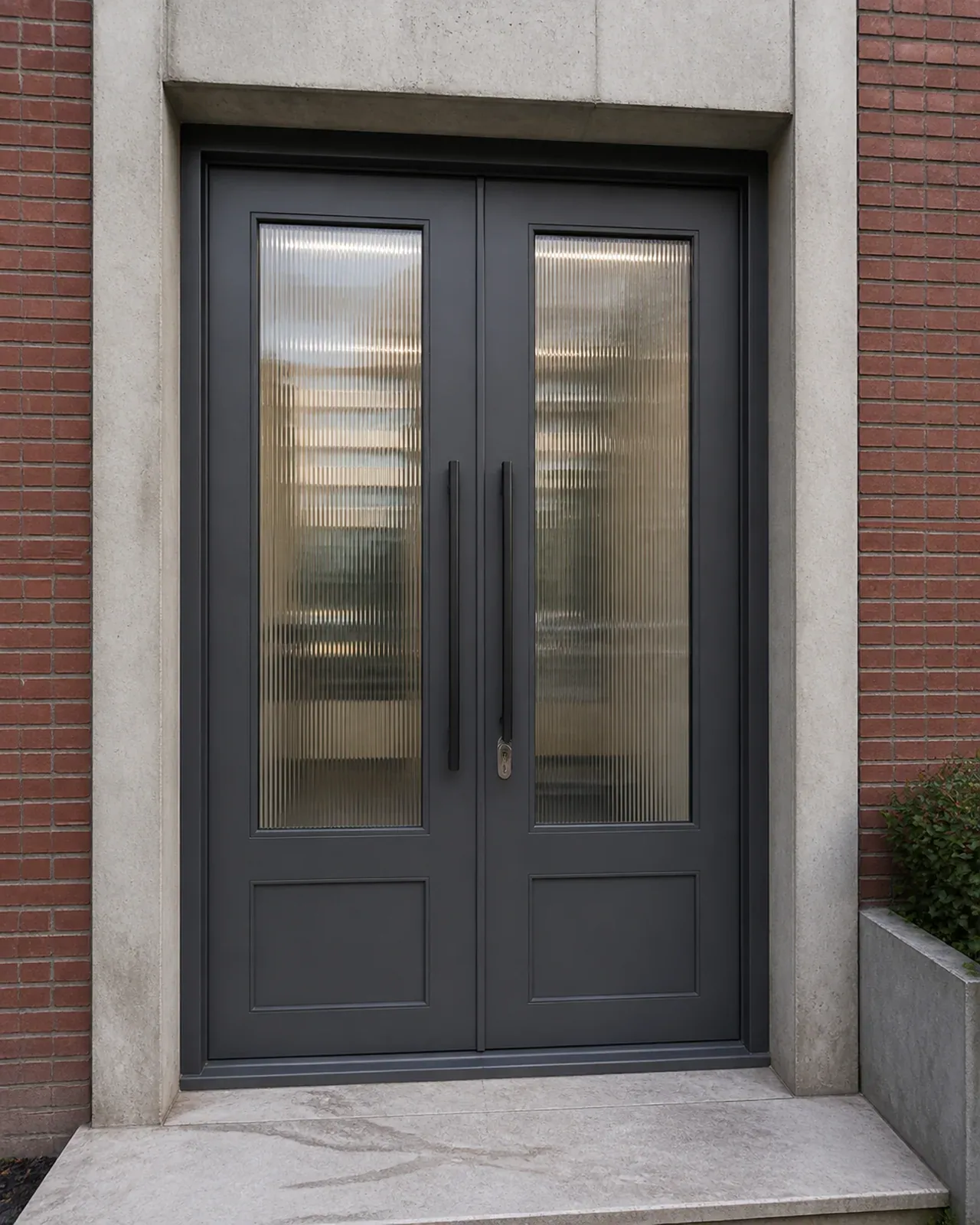 Hedef Door HD-BG015 gri fitilli camlı çift kanat bina giriş kapısı uygulama görünümü