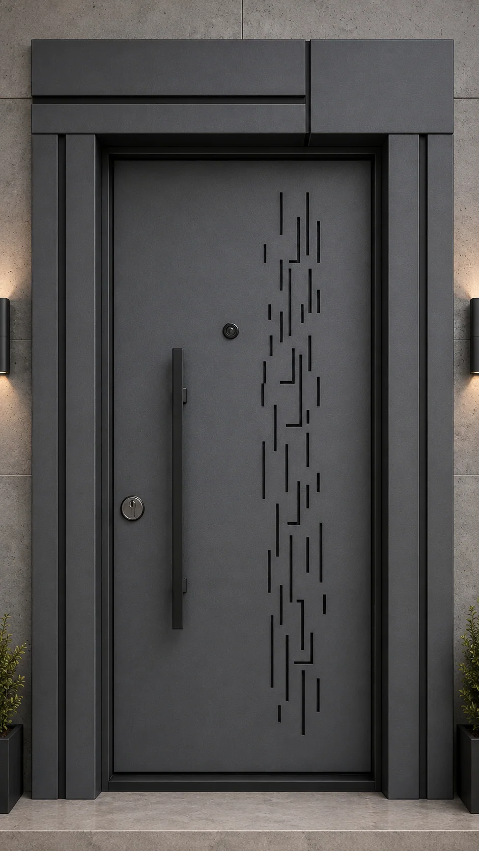 Hedef Door HD-CK002 antrasit geometrik desenli modern çelik kapı ön görünüm