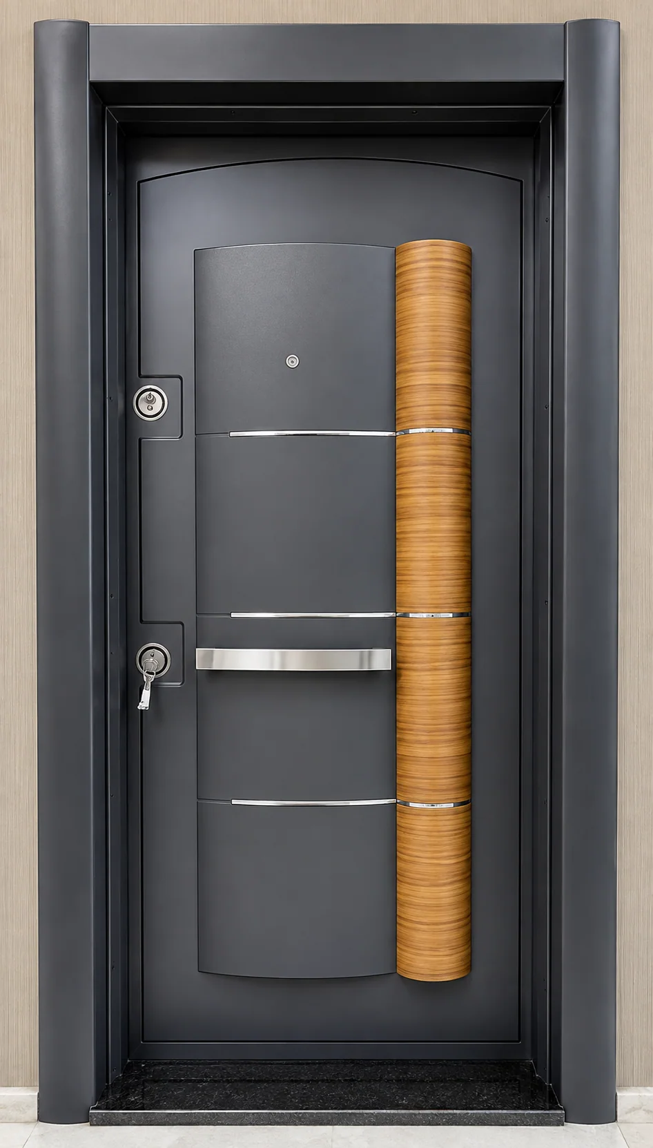 Hedef Door HD-CK011 liva wood ahşap detaylı antrasit çelik kapı ön görünüm