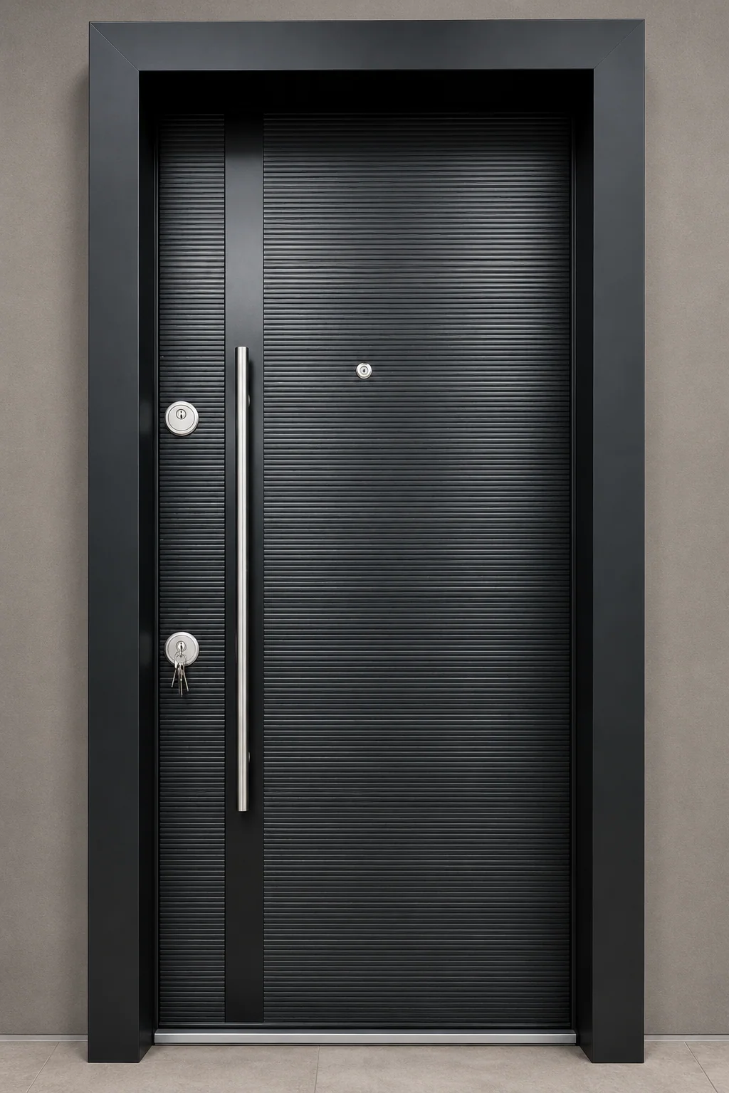 Hedef Door HD-CK014 siyah çizgili modern çelik kapı ön görünüm