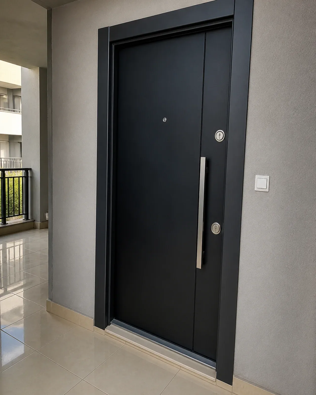 Hedef Door HD-CK018 siyah minimal çelik kapı uygulama görünümü