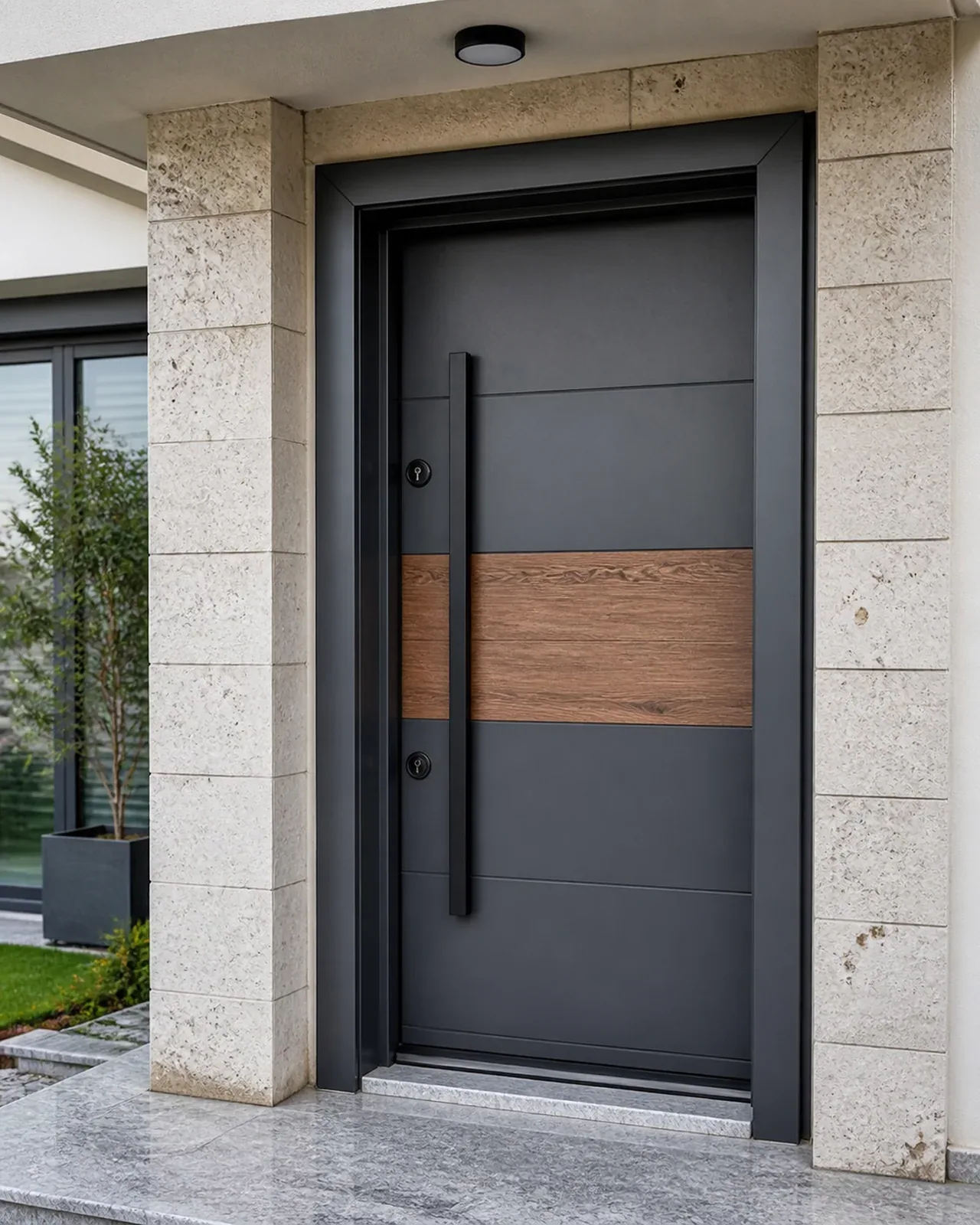 Hedef Door HD-CK026 antrasit ceviz kuşaklı çelik kapı uygulama görünümü