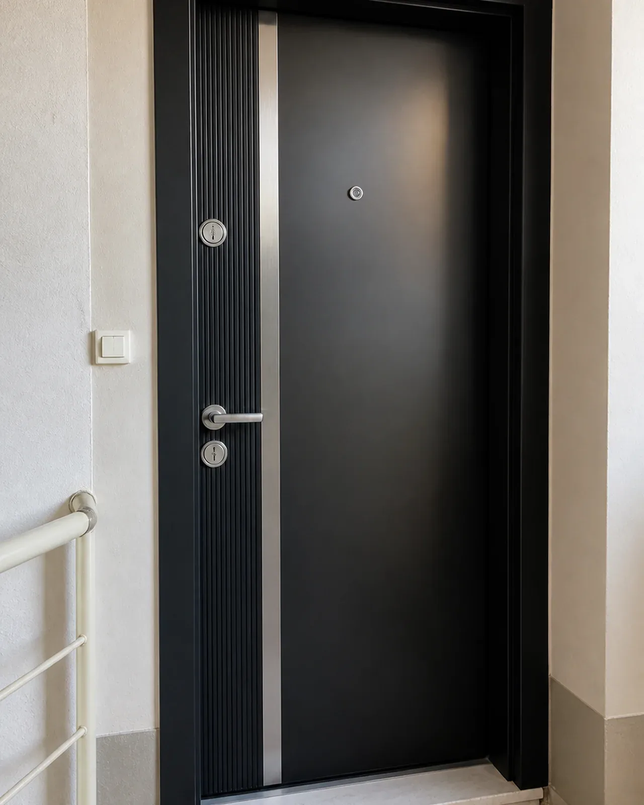 Hedef Door HD-CK028 siyah düşey şeritli çelik kapı uygulama görünümü