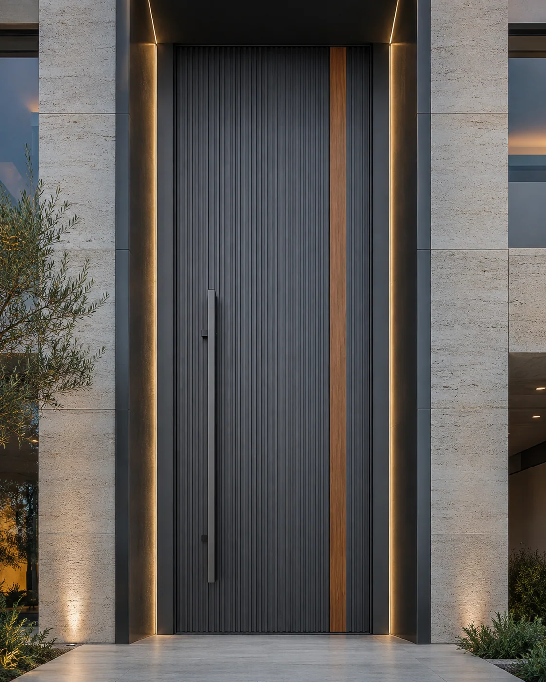 Hedef Door HD-PV002 antrasit ahşap detaylı modern pivot villa kapı ön görünüm