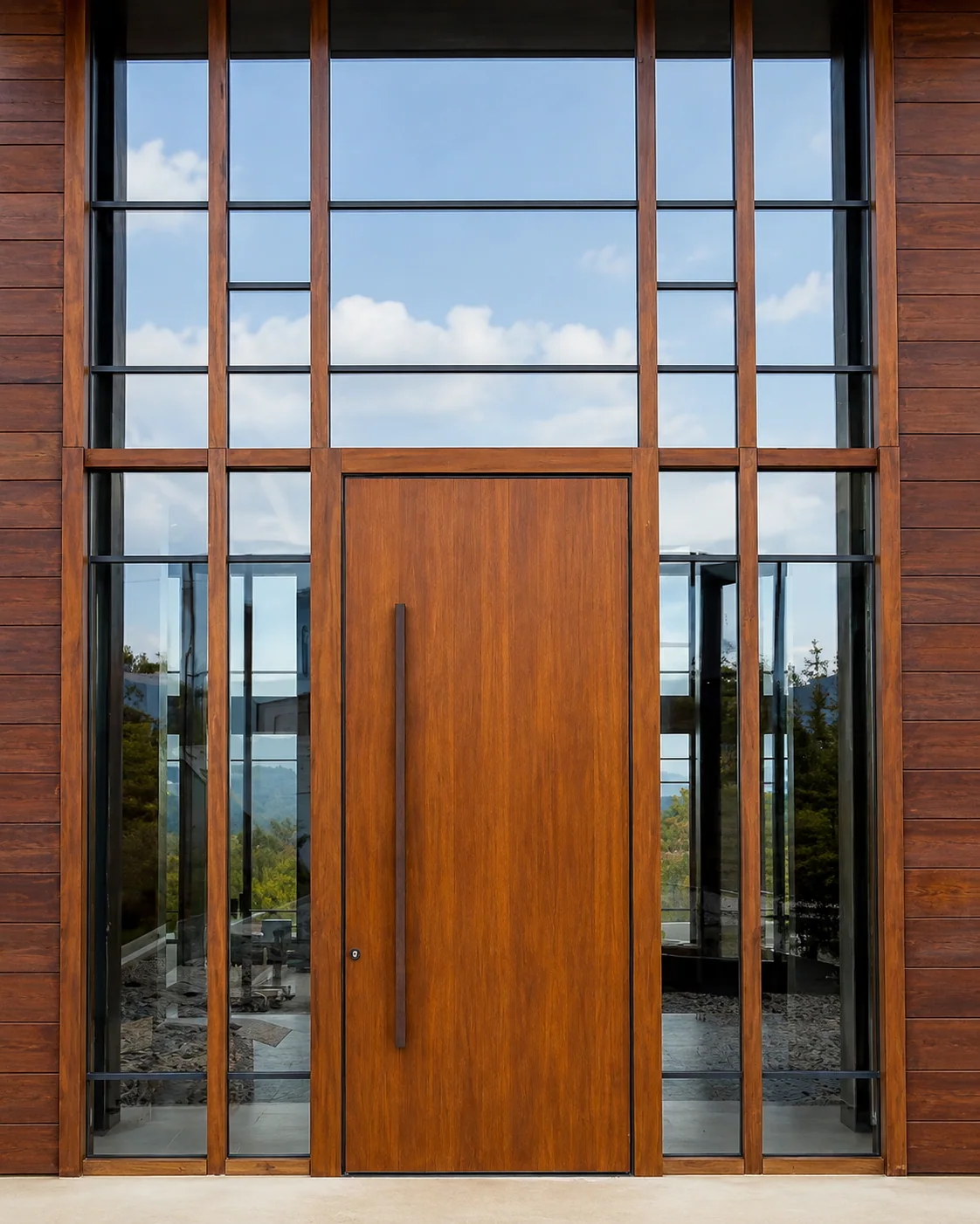 Hedef Door HD-PV005 modern ahşap camlı pivot villa kapı ön görünüm