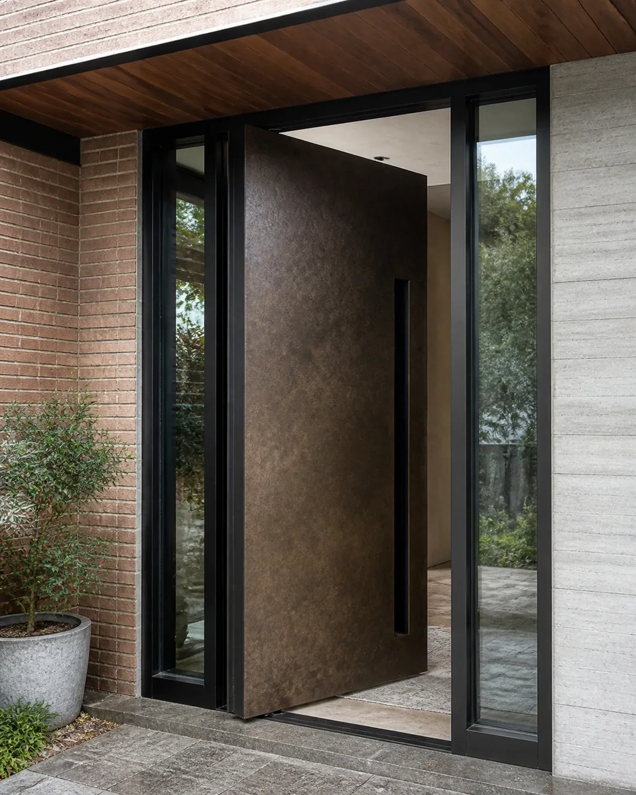 Hedef Door HD-PV011 bronz dokulu cam yan panelli pivot kapı uygulama görünümü