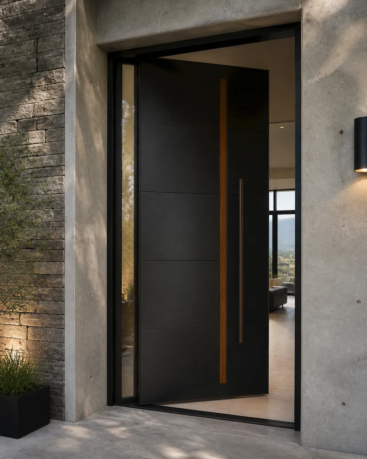 Hedef Door HD-PV017 antrasit bronz şeritli pivot kapı uygulama görünümü