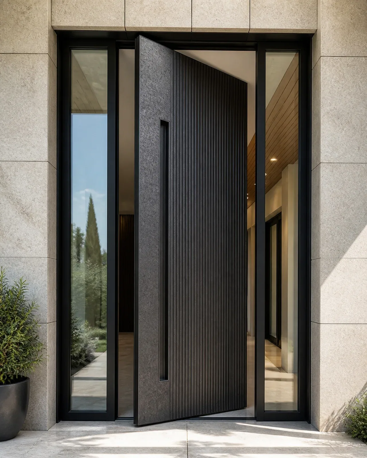 Hedef Door HD-PV019 siyah düşey çizgili cam yanlıklı pivot kapı uygulama görünümü