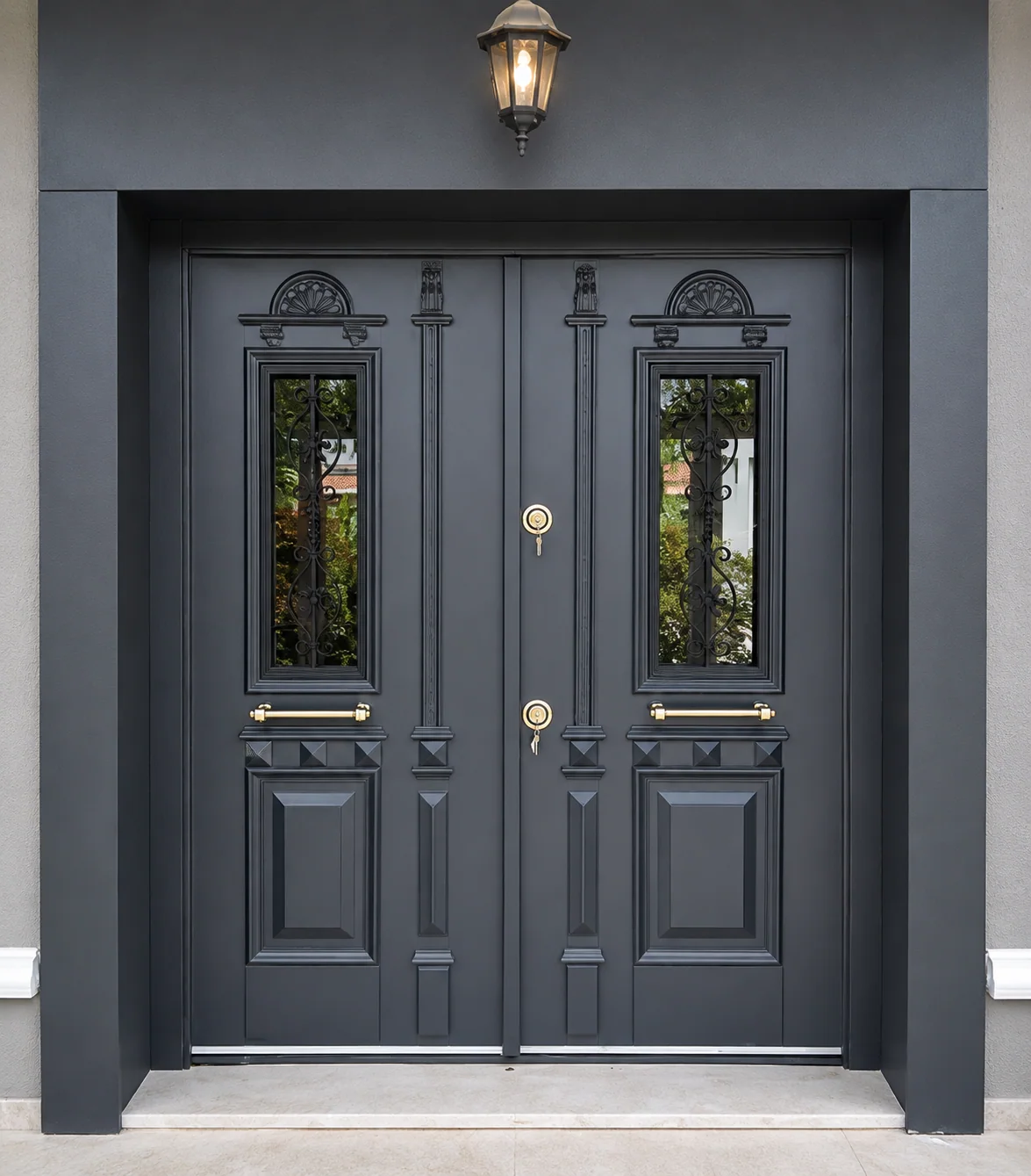 Hedef Door HD-VL009 ferforje camlı çift kanatlı çelik villa kapısı ön görünüm