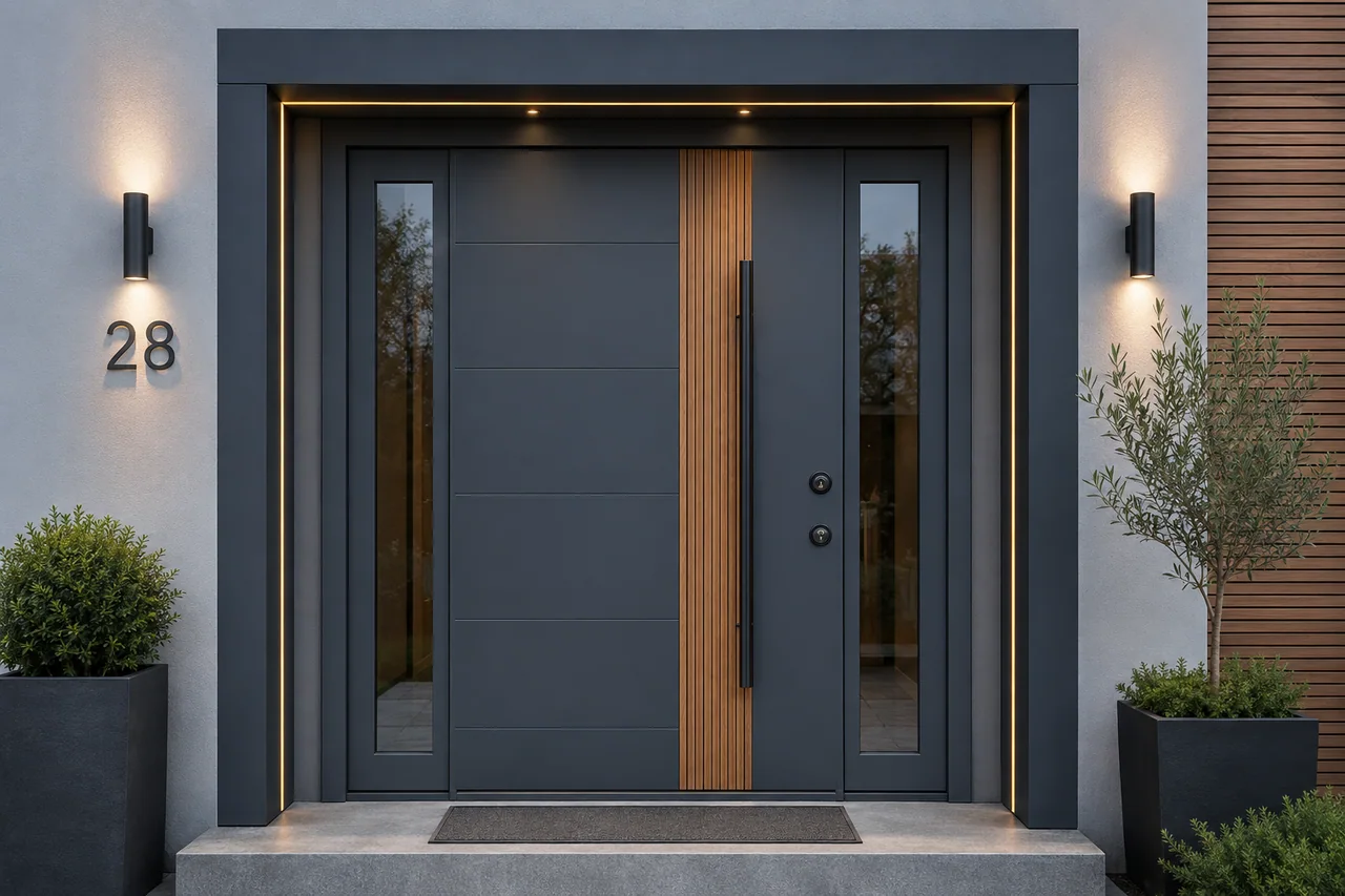 Hedef Door HD-VL016 antrasit ahşap camlı kompozit villa kapısı ön görünüm