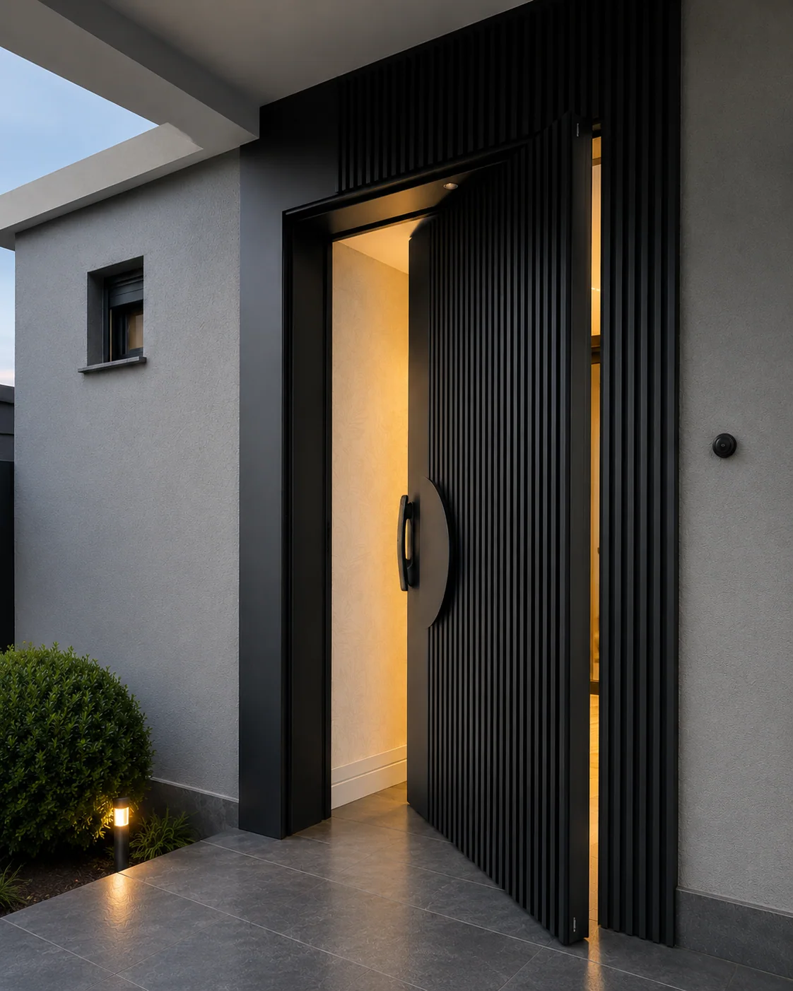 Hedef Door HD-VL022 modern siyah fitilli pivot villa kapısı modeli ön görünüm