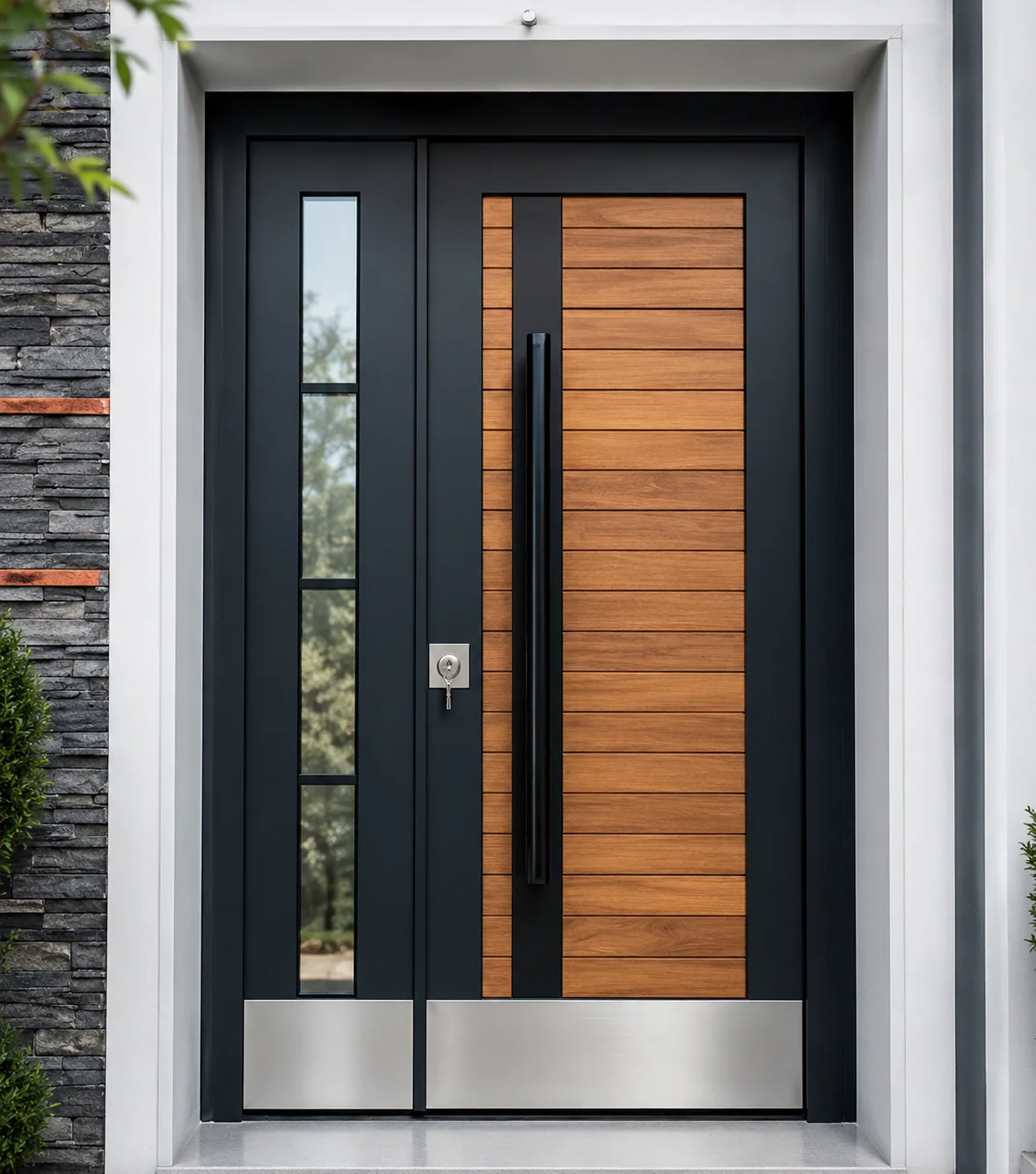 Hedef Door HD-VL023 modern ahşap detaylı çelik villa kapı ön görünüm