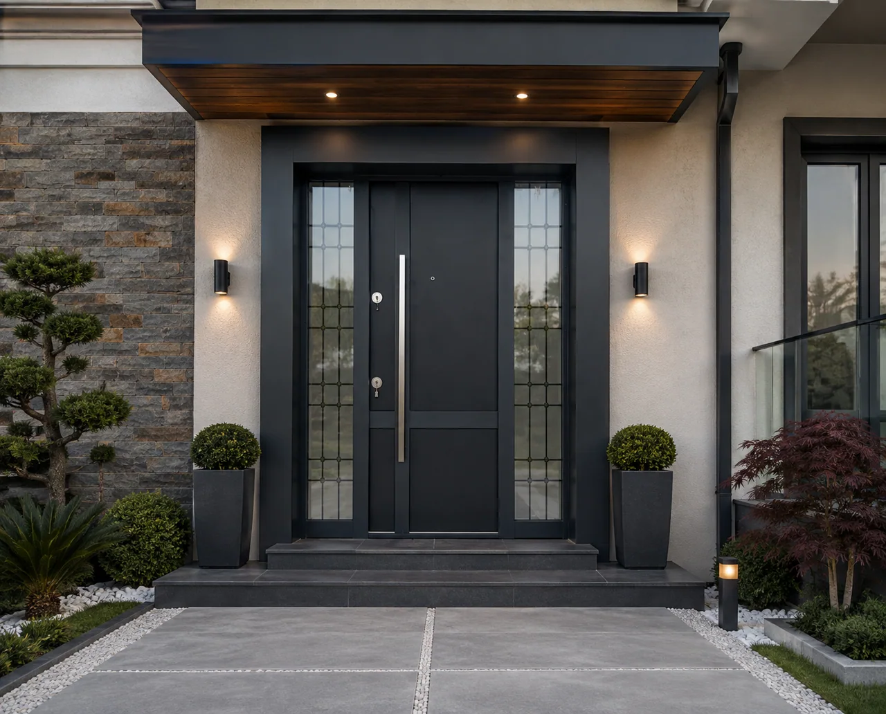 Hedef Door HD-VL027 modern antrasit yan camlı villa kapı ön görünüm