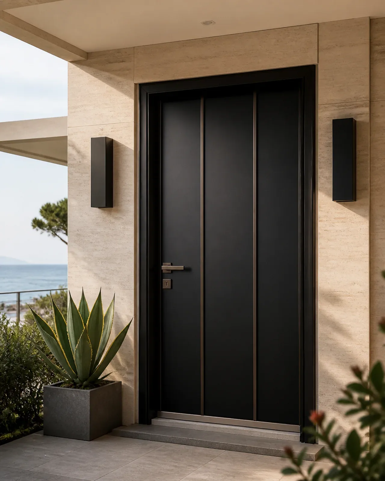Hedef Door HD-VL035 siyah düşey çizgili villa kapısı uygulama görünümü