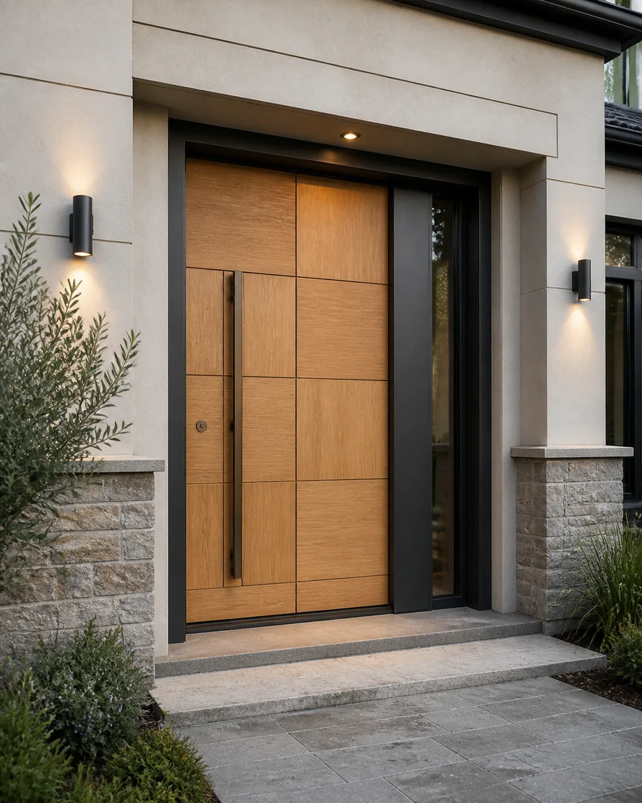Hedef Door HD-VL036 doğal meşe geometrik villa kapısı uygulama görünümü