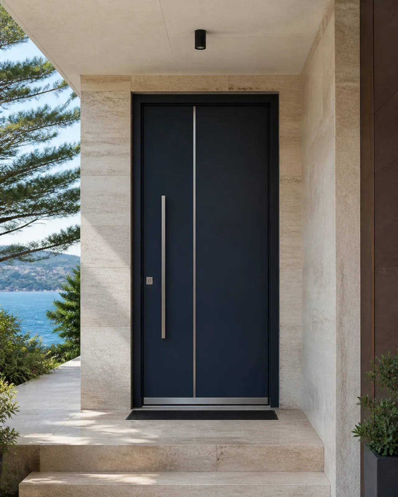 Hedef Door HD-VL042 lacivert minimal villa kapısı uygulama görünümü