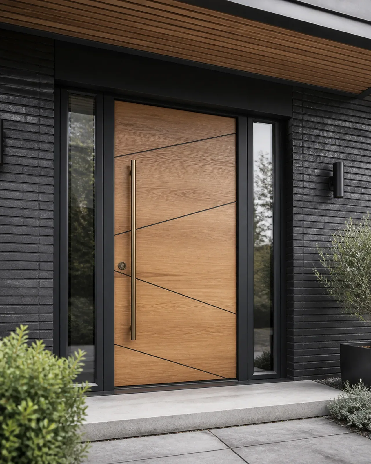 Hedef Door HD-VL046 doğal meşe asimetrik çizgili villa kapısı uygulama görünümü