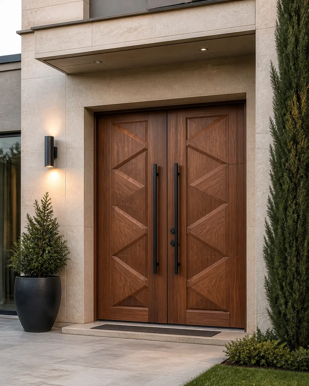 Hedef Door HD-VL047 ceviz geometrik çift kanat villa kapısı uygulama görünümü