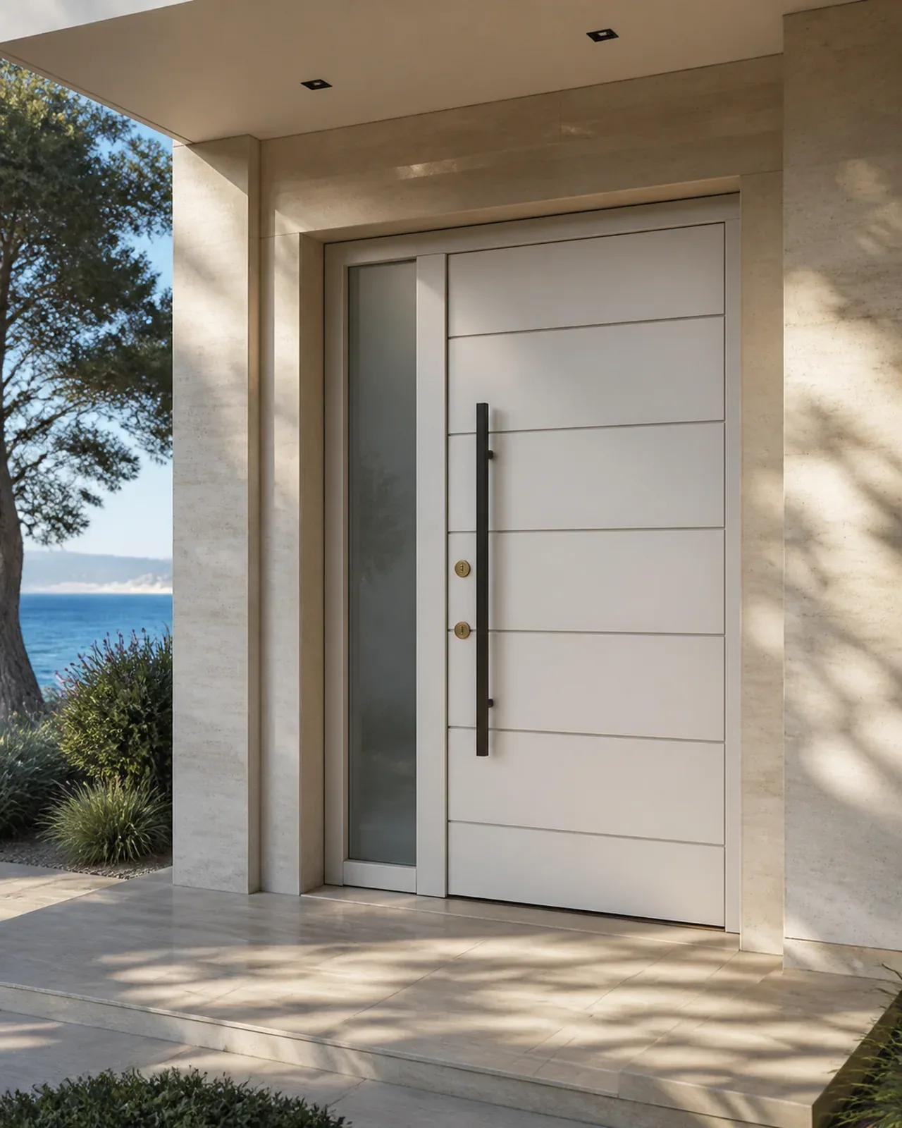 Hedef Door HD-VL049 beyaz yatay çizgili cam yanlıklı villa kapısı uygulama görünümü