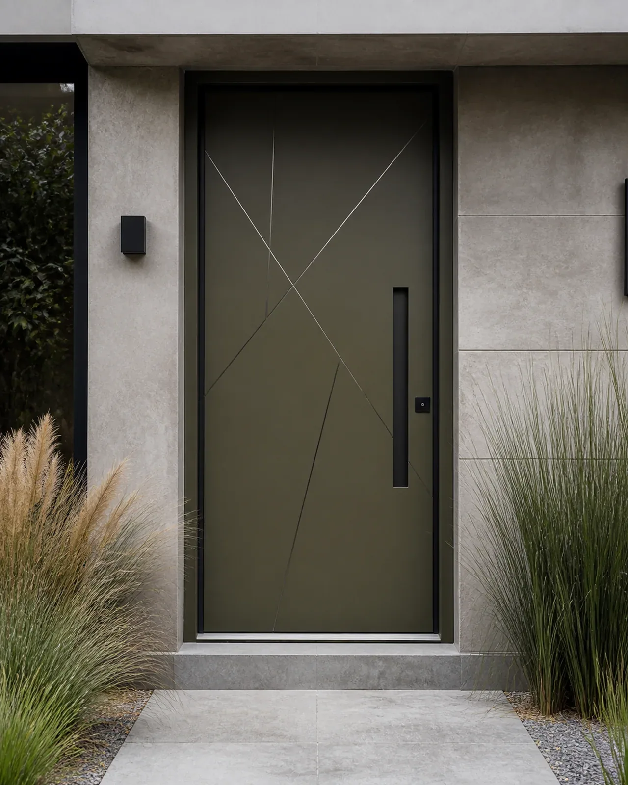 Hedef Door HD-VL051 zeytin yeşili geometrik villa kapısı uygulama görünümü